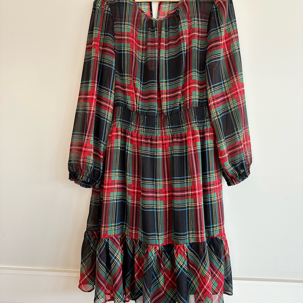 J. Crew Red and Green Midi Dress with Bishop Sleeves